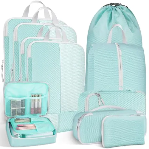 Avmvnvc Koffer Organizer Set, 10-Teiliges Packing Cubes für Kleidung, Packwürfel Set mit Kompression, Kofferorganizer Set mit Kosmetiktasche, Travel Organizer für Rucksack und Koffer, Blau