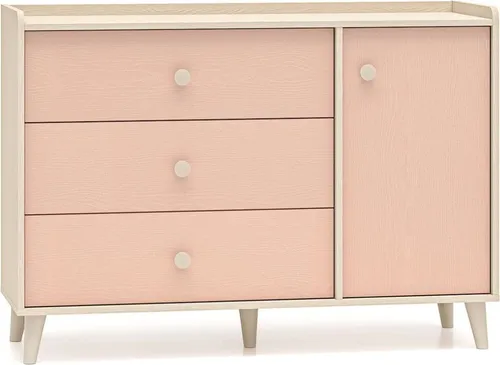 Lomadox Kommode MODICA-131, sandbeige mit rosa, 120 cm breit - Moderne Kinderzimmer-Kommode in sandbeige mit rosa Fronten, 120 cm breit. Mit 3 Schubladen und einer Tür bietet sie viel Stauraum für Kleidung und Spielzeug, während die Softclose-Funktion für Sicherheit sorgt.