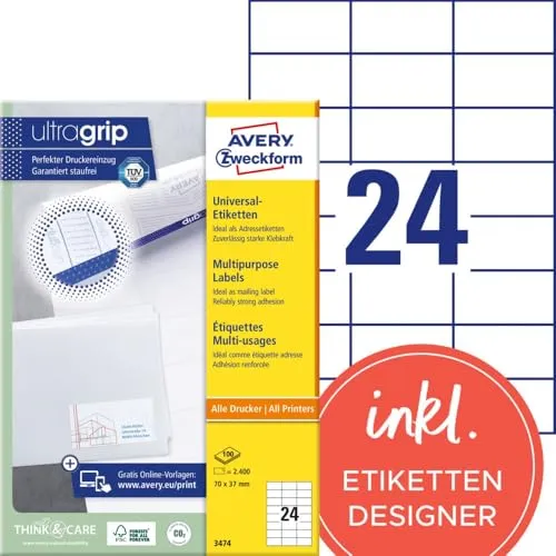 AVERY Zweckform LR3657 - 4.000 Recycling Etiketten, 48,5x25,4mm auf A4, umweltfreundlich und individuell bedruckbar mit Top Klebkraft