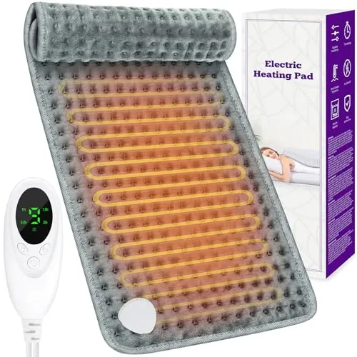 Heizkissen mit Abschaltautomatik für Rücken Nacken Schulter, Wärmekissen Elektrisch Heizdecke Klein 9 Temperaturstufen 4 Zeiteinstellungen, Wärmematte Elektrische Heizdecke Waschbar 30 x 60 cm, Grau