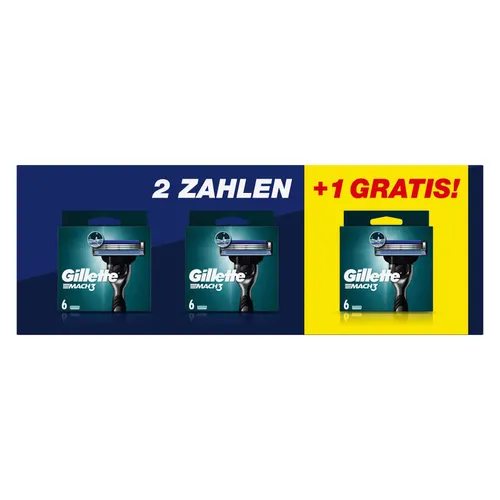 Gillette Mach3 Rasierklingen - 12St. + 6St. gratis - Ersatzklingen für den Gillette Mach3 Rasierer, mit 3 Klingen für eine gründliche Rasur und bis zu 15 Rasuren pro Klinge. Der verbesserte Gleitstreifen sorgt für weniger Hautreizungen und mehr Komfort.