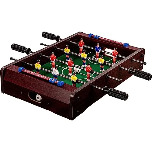 GAMES PLANET Mini-Tisch-Kicker Tischfussball „Dundee“, Dunkles Holzdekor, Maße: 51x31x8 cm, Gewicht: 2,6 kg, 4 Spielstangen, inkl. 2 Bälle