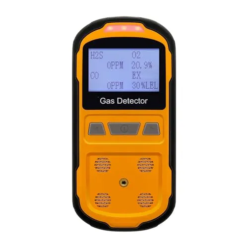 Scondaor Gaslecksuchgerät für H2S CO O2 und LEL, tragbarer Multi-Gasmelder Gasdetektor mit akustischen, visuellen und Vibrationsalarmen, Handheld 4-in-1-Gas-Monitor-Messgerät, LCD-Display (Orange)