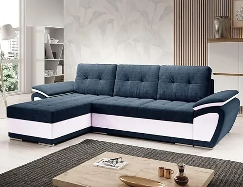 Easy4You ENZO Ecksofa Marineblau/Weiß mit Schlaffunktion - Sofas & Couches - Modernes Ecksofa mit Schlaffunktion und Bettkasten, ideal für Gäste und platzsparend in jedem Wohnraum.