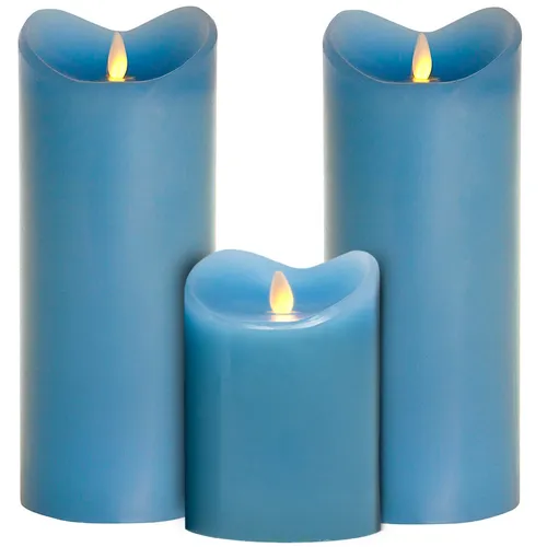 LED Echtwachskerzen 3er Set mit Timer - 23/14/23 cm Kerzen Blau Stumpenkerzen