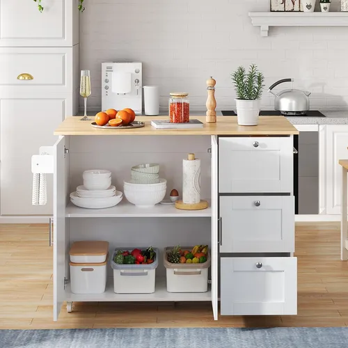 Küchentisch mit Handtuchhalter und 3 Schubladen Klappbares Design Küchenwagen Kücheninsel Küchenschrank L135*B44(70)*H90cm Weiß+Natur