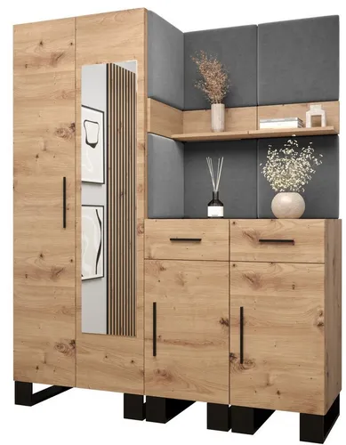 ABIKS MÖBEL Garderoben-Set ARTIN mit gepolsterten Paneelen - Moderne Garderobe im industriellen Design mit gepolsterten Paneelen für zusätzlichen Schutz und schallabsorbierende Wirkung. Bietet viel Stauraum mit Regalen und Kleiderbügeln, ideal für jeden Flur.