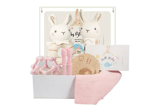 Esun Neugeborenen-Geschenkset für Jungen - Erstausstattungspaket mit 6-in-1-Geschenken: Rassel, Lätzchen, Beißring und Kuscheltier – ideal zur Geburt in sanften Rosatönen.