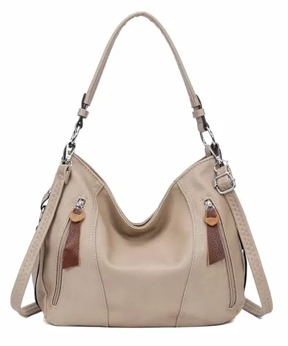 OBC Damen Tasche Shopper Hobo-Bag Schultertasche Leder Optik Umhängetasche Handtasche Crossover Reisetasche Beuteltasche Handtasche Helltaupe