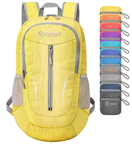 ZOMAKE Faltbarer Rucksack Leicht 25L-Kleiner Rucksäcke Wasserdicht Wanderrucksack Packable Backpack für Damen Herren Outdoor Wandern(Gelb)