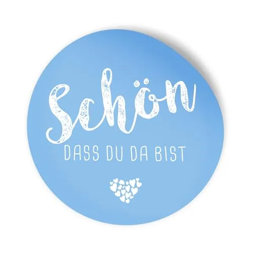 itenga 24x Sticker Schön dass du da bist Aufkleber rund 4cm selbstklebend - Sticker ideal für Gastgeschenk (hellblau)