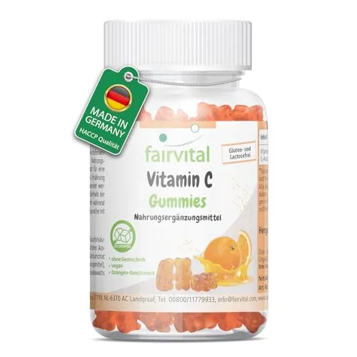 fairvital Vitamin C Gummies, 90 Stück, 500mg pro Tagesdosis, Orangen-Geschmack, Hochdosiert, 100% Vegan + Zuckerfrei, qualitätsgeprüft und hochdosiert, Made in Germany