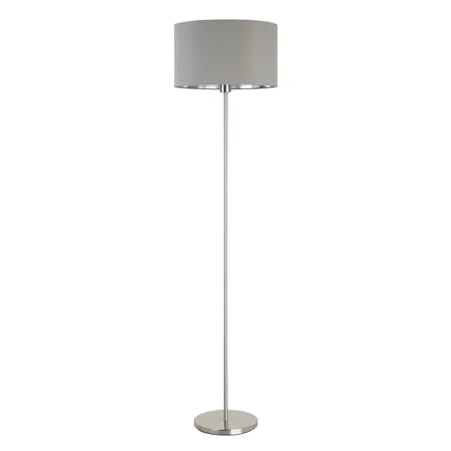 EGLO Stehlampe Maserlo, 1 flammige Textil Stehleuchte, Standleuchte aus Stahl und Stoff, Nickel matt, grau, silber, Fassung: E27, inkl. Trittschalter