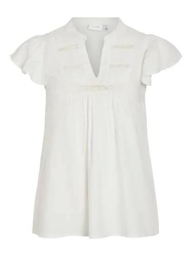 Vila Damen Bluse mit V-Ausschnitt und Rüschenärmeln, Dekorative Einsätze, Farben:Weiß, Größe:40