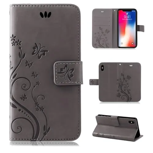 betterfon Hülle Kompatibel mit Apple iPhone X | Premium PU Leder Handyhülle Wallet Case für iPhone X | Schutzhülle Blumen Klapphülle Handyhülle | Grau