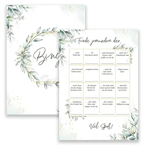 Klasse 50x Bingo Karten Party Geburtstags Geburtstag Jubiläum Hochzeitsbingo Hochzeit Grün Blätter witziges Hochzeitsspiele Hochzeitsspiel für Gäste Brautpaar Spiel Hochzeitsdekoration Hochzeitsfeier