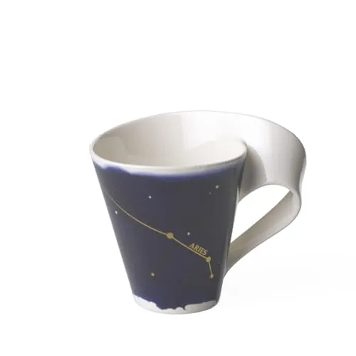 Villeroy und Boch - NewWave Stars Becher mit Henkel, formschöne Tasse mit Widder-Motiv, Premium Porzellan, spülmaschinengeeignet, weiß/blau, 300 ml