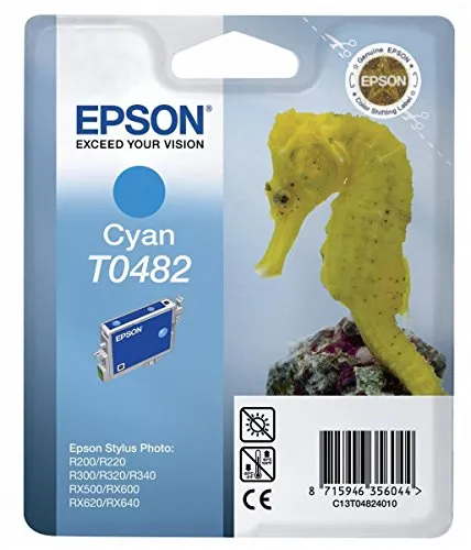 Epson T0482 Tintenpatrone Seepferd, Singlepack Cyan - Tintenpatrone für R200/R300/RX500, brillante Cyan-Farben für gestochen scharfe Ausdrucke und hohe Druckqualität.