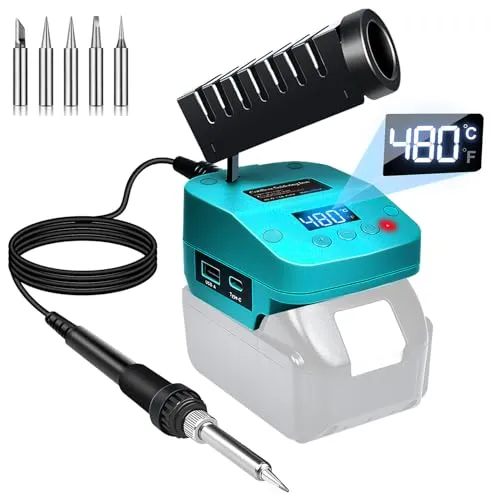 GZYZ Akku Lötkolben Set kompatibel mit Makita 18V Akku, tragbarer Lötkolben mit USB und Typ-C, einstellbarer Temperaturbereich 180 °C–480 °C für Heimwerkerarbeiten, Elektroarbeiten (Ohne Akku)