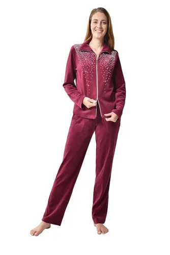 DeSen Damen Velours Nicki Freizeitanzug mit Glitzersteinen - Streatwear Trainingsanzug für Damen, aus kuscheligem Nicki-Material mit Reißverschluss und Glitzersteinen für einen stilvollen Look und höchsten Tragekomfort.