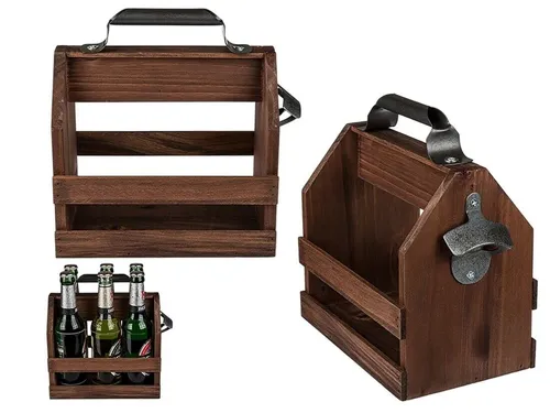Party Holz Bierträger Sixpack mit Metall Flaschenöffner Vintage Flaschenträger