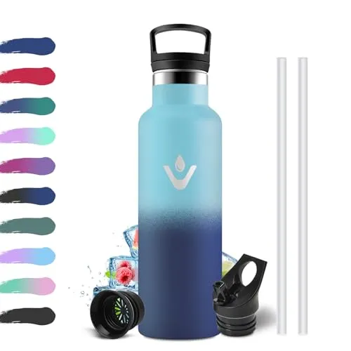 KollyKolla Trinkflasche 500ml, Auslaufsicher Thermosflasche mit Strohhalm, Sport Trinkflasche Kohlensäure Geeignet, Isolierflasche Doppelwandig, Wasserflasche für Schule, Yoga, Schule, Camping