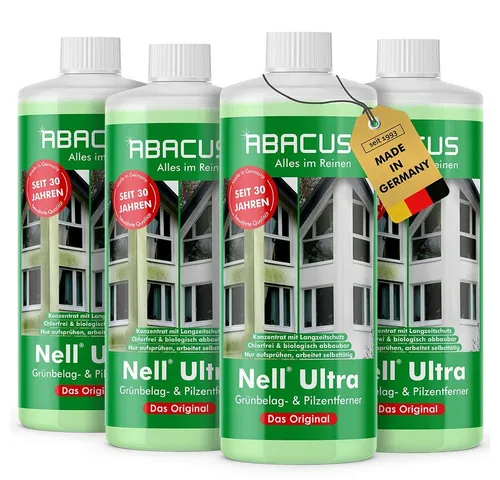 ABACUS Nell Ultra Algenentferner - 4x1000ml Konzentrat, effektiv gegen Grünbeläge und Flechten mit Langzeitschutz, ideal für Außenflächen