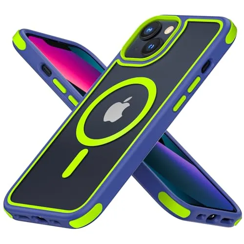 MobNano Hybrid Magnetisch Durchsichtig Hülle für iPhone 13 Hülle, iPhone 14 Hülle [Kompatibel mit MagSafe] Stoßfest Bumper Transparent Magnet Handyhülle Silicone iPhone 13 14 Case - Blau/Neongrün