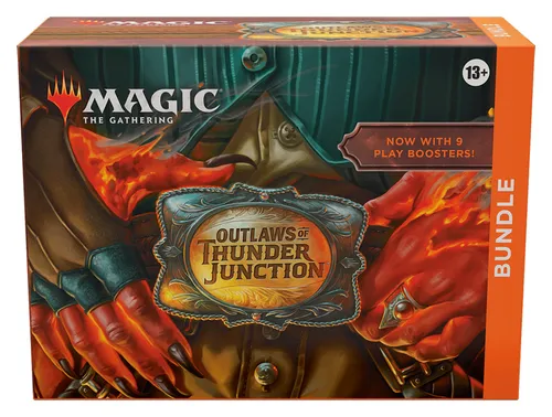 Magic: The Gathering – Outlaws von Thunder Junction Bundle - TCG OVP Packs mit 9 Play-Boostern und 30 Länderkarten, inklusive exklusivem Zubehör und einzigartigen Illustrationen für ein fesselndes Spielerlebnis.