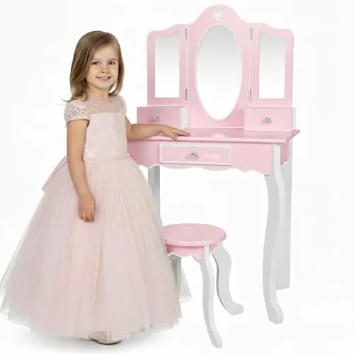 Green series Kinderplay Kinderschminktisch aus Holz – Großer Frisiertisch mit Spiegel – Rosa Spielmöbel fürs Kinderzimmer – Für kreatives Rollenspiel