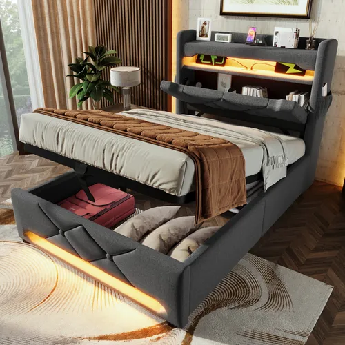 okwish Polsterbett mit Matratze 90x200 Jugendbett Polsterbett Bettgestell mit Stauraum Kopfteil/Bettkasten,Stauraumbett mit USB und Typ C-Port & LED-Beleuchtung,Grau