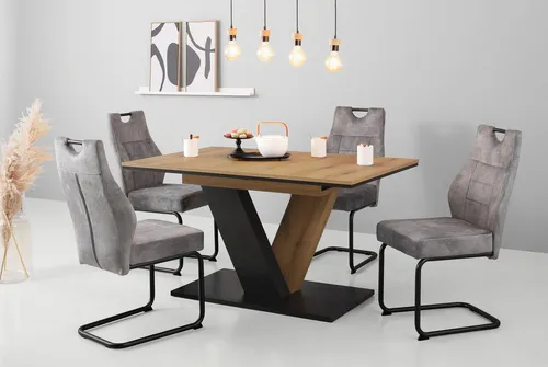Essgruppe HELA - Ausziehbarer Tisch 140-180 cm mit 4 Stühlen - Essgruppen mit elegantem Samtvelours-Bezug und praktischen Synchron-Auszug für flexible Essbereiche. Belastbarkeit pro Sitzplatz: 140 kg.