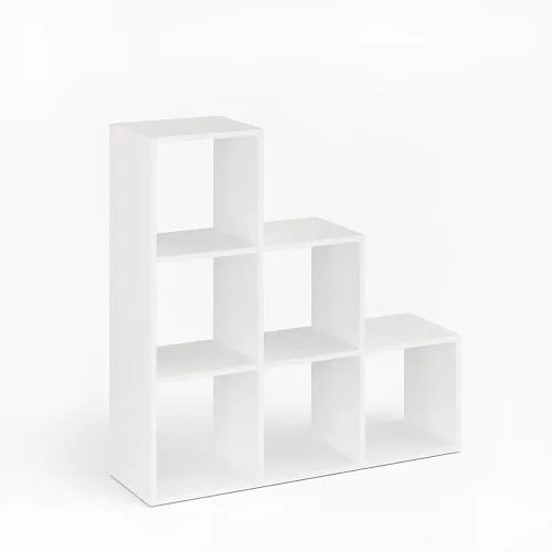 KOMTO Treppenregal Stufenregal - Vielseitiges Bücherregal mit 6 Fächern - Bücherregal in Weiß mit 6 geräumigen Fächern (30x30 cm) für Bücher und Dekorationen. Stabil und belastbar bis 15 kg pro Fach, ideal als Raumteiler oder dekoratives Möbelstück.