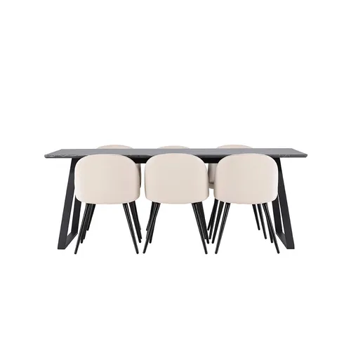 Malaga Essgruppe - Moderner Esstisch mit Velour-Stühlen - Tisch- & Stuhl-Set für das Esszimmer: Dunkelgrauer Tisch und bequeme Velour-Stühle in Beige. Ideal für gesellige Abende, robustes Material und stilvolles Design.