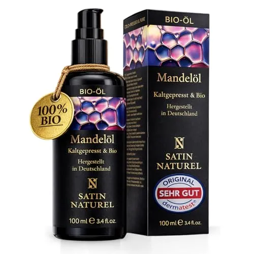 Satin Naturel Mandelöl BIO kaltgepresst 100ml – 100% Süßes Mandelöl für Haar, Gesicht & Körper - Haaröl, Massageöl und Gesichtsöl in einem – ideal für empfindliche Haut und Babypflege. Kaltgepresst aus biologischen Mandeln für maximale Qualität und sanfte Pflege.