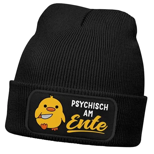 MoonWorks® Damen Beanie Patch Strickmütze Spruch Meme Lustig Psychisch am Ente Damenmütze Schwarz Unisize
