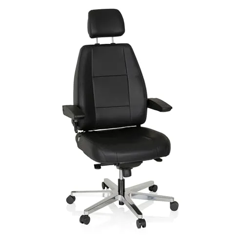 HOURS Leder 24 - Ergonomischer Bürostuhl für 24-Stunden-Einsatz, mit verstellbarer Rückenlehne und Kopfstütze für maximalen Komfort und Stabilität bis 150 kg.
