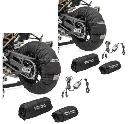 ConStands Motorradheber 2x Reifenwärmer Set Snaefell - Wagenheber Set mit digitalen Reifenwärmern 30-99°C für optimale Temperaturregelung, integrierte Thermostate und LED-Anzeige, ideal für Rennfahrer und Motorradliebhaber.