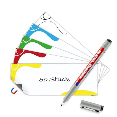 Magnetstreifen beschreibbar 110x40 mm, 10 Stück je Farbe Ideal für Metallregale & Lagersysteme und als Whiteboard Zubehör. Beschreibbare Magnete in 5 Farben (50er Set inkl. Stift) 50