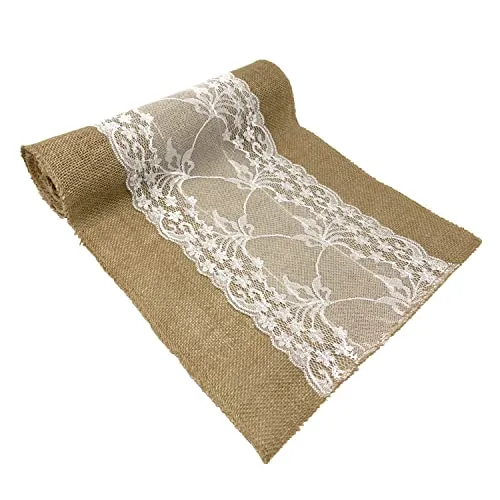 Produktbild Oblique Unique® Jute Tischläufer mit Spitze Tischband Tisch Läufer Naturfarben 270 cm x 30 cm Tischdeko für Geburtstag Party Hochzeit Garten Party Deko