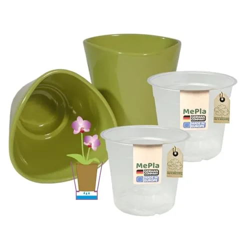 MePla Orchideenübertopf Dreieck ø 14 Grün - 2er Set - Stylisches 2er Set aus hochwertiger Keramik für elegante Wohnakzente. Mit integrierter Drainage für optimale Pflanzenpflege und langlebiger, glatter Oberfläche. Ideal für Orchideen und moderne Dekoration.