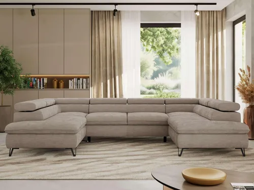 Ecksofa PABLO U mit Schlaffunktion und Bettkasten - Hellgrau - Modernes Ecksofa in U-Form mit verstellbaren Kopfstützen, ideal für entspannte Abende und als Schlafplatz für Gäste. Der integrierte Bettkasten bietet zusätzlichen Stauraum für Decken und Kissen.