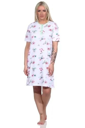 Normann Damen Kurzarm Nachthemd in floralem Schmetterlings Print und mit Knopfleiste, Farbe:helltürkis, Größe:48-50