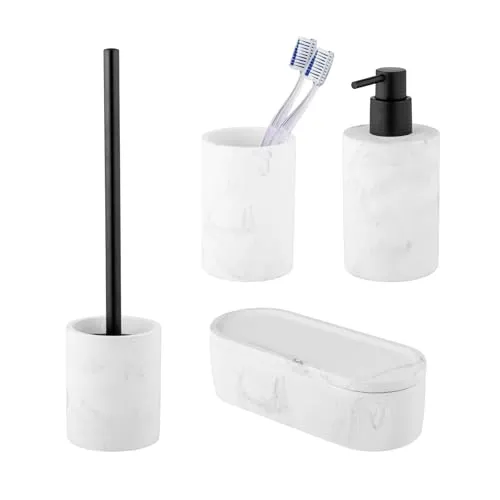 Schöner Wohnen Kollektion Bad-Accessoire Set Balatro 4-teilig - Badausstattung Set aus hochwertigem Diatomit in Weiß/Schwarz, rutschsicher und stylisch, ideal zur Aufbewahrung von Zahnputzutensilien und für Flüssigseife.