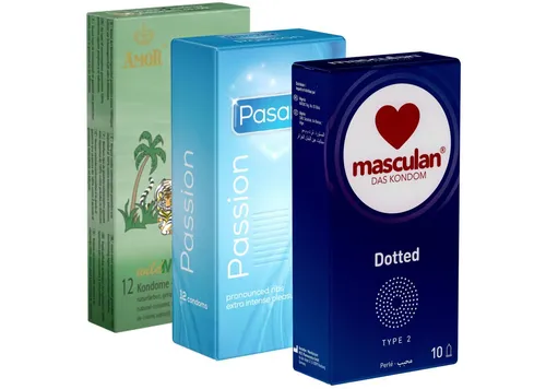 Kondomotheke Kondome Peaks & Valleys Mix 3 Packungen stimulierende Kondome, insgesamt, 34 St., Kondome Probierset, Kondome mit Rippen und Noppen, Orgasmus-Kondome zum schneller Kommen