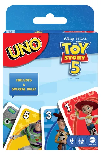 Mattel Games UNO Disney Pixar Toy Story 5 Kartenspiel für Kinder, Erwachsene und Spieleabende in der Familie, vom Film inspiriertes Deck, Kartenspiel, Abwurf, 7 Jahr(e), Familienspiel
