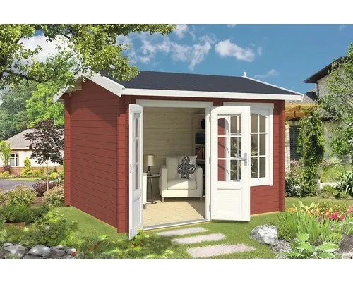 Gartenhaus Blockhaus Alex rot 320x270 cm - Hochwertiges Gartenhaus mit Satteldach, 44 mm Wandstärke und abschließbarer Doppeltür. Ideal als gemütlicher Rückzugsort im Garten oder für die Aufbewahrung von Gartengeräten.