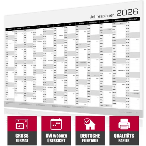 XXL Wandkalender 2026 Jahresplaner Din A1 Jahres Kalender Poster Wandplaner GRAU