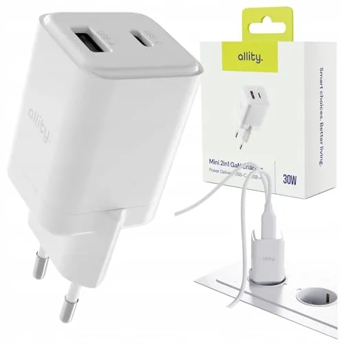 Allity GaN USB-C + USB-A Schnellladegerät 30W Weiß – Mini Netzladegerät mit Power Delivery & Quick Charge | Kompakte Universal Ladegerät für Smartphone, Tablet, iPhone, Samsung, Android
