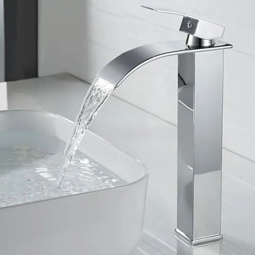 kisimixer Modern Wasserfall Wasserhahn Bad Hoch, Waschtischarmatur Hoch Wasserfall Aufsatzwaschbecken Armatur Badezimmer, Mischbatterie Waschbecken für Heißes und Kaltes Wasser, Messing Verchromt